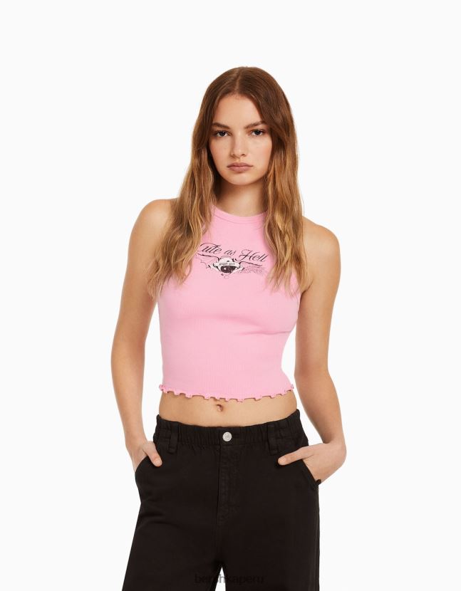 rosa Bershka mujer camiseta sin mangas de canalé estampada 806J6B630