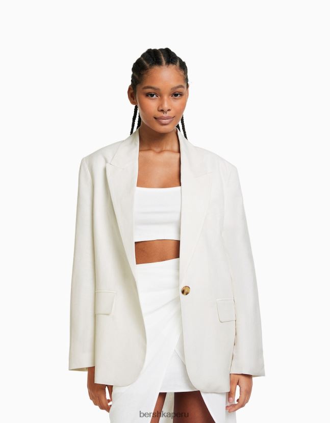 blanco Bershka mujer blazer de mezcla de lino 806J6B1194