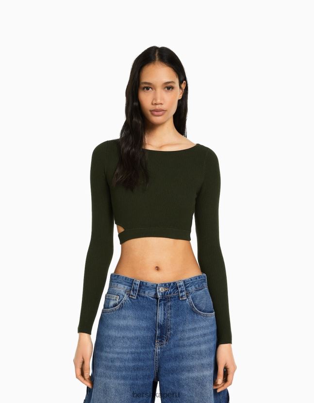 caqui Bershka mujer jersey de canalé con aberturas 806J6B980