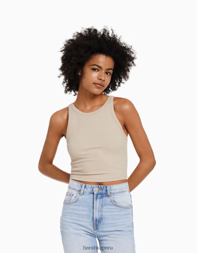 beige Bershka unisexo camiseta sin mangas de canalé 806J6B3847