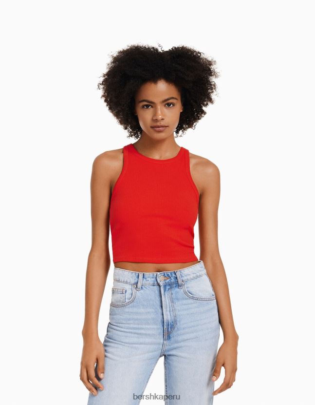 rojo Bershka unisexo camiseta sin mangas de canalé 806J6B3849